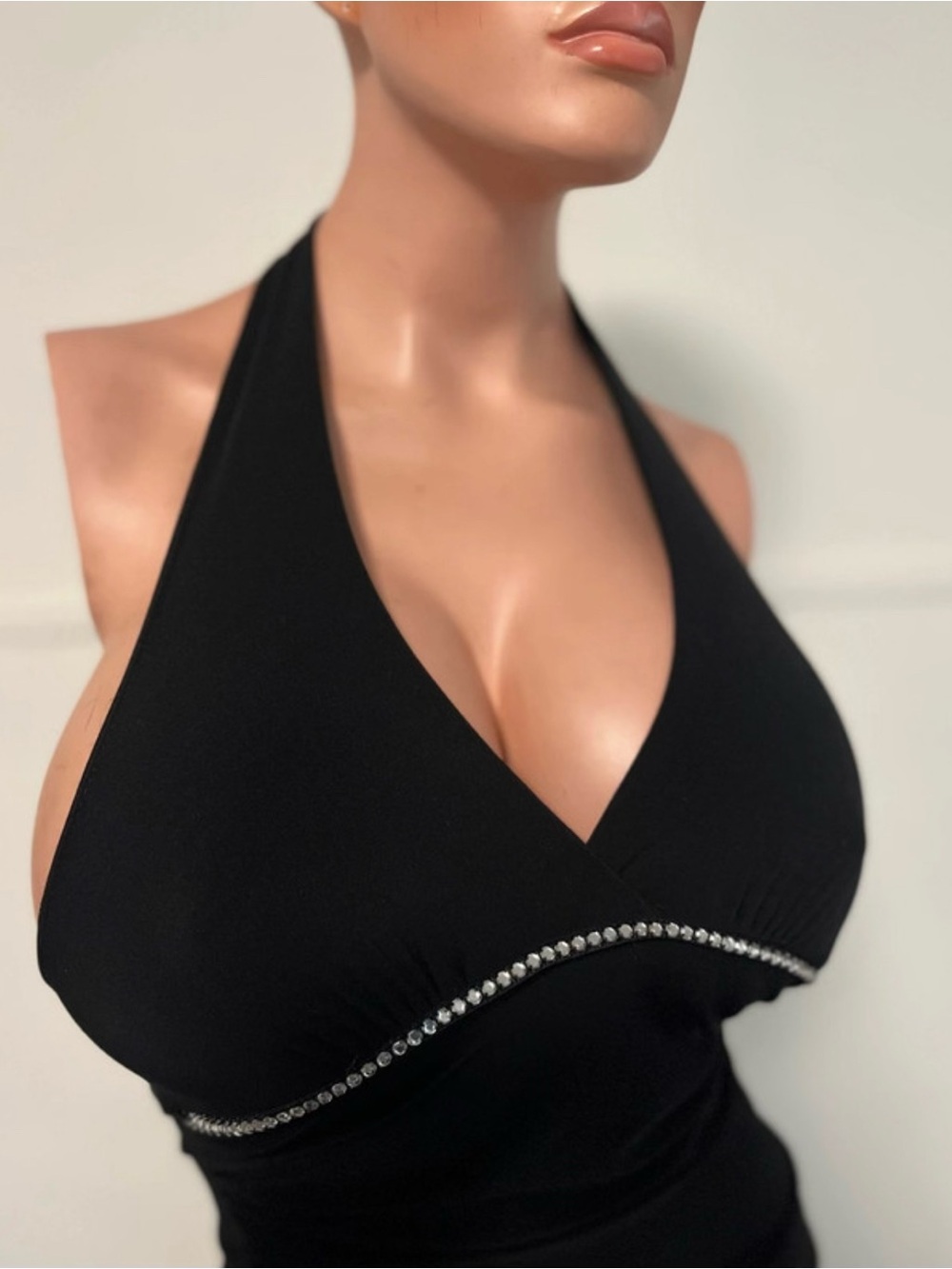 Taboo Black Halter Asymmetrical Dress with Rhinestone Trim